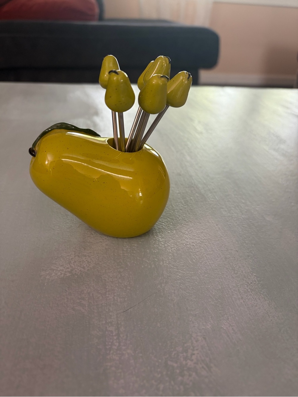 Yellow Ceramic Pear Toothpick Holder with Tulip Picks